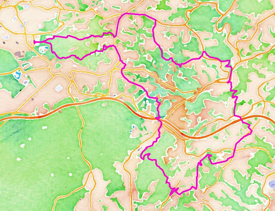 39 Kilometer im Uhrzeigersinn durch den Südkreis Karte: (C) Openstreetmap Mitwirkende / Stamen Watercolor